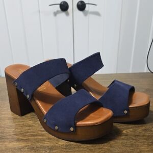Elegant Navy Suede Mules with Wooden Heel